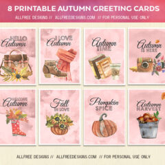 8 Printable Autumn Greeting Cards in Pastel Watercolor Style